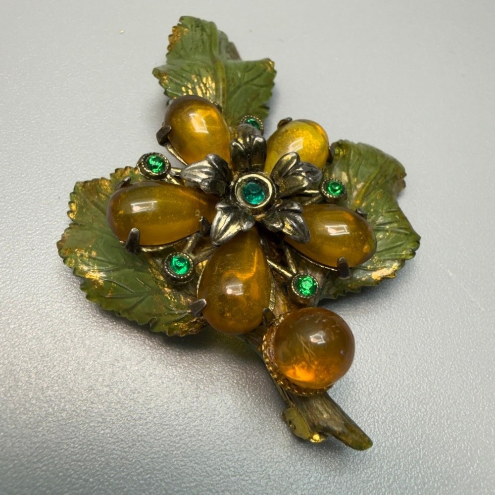 Vintage Lucite Cabochon Floral Brooch Large Painted Leaves Orange Stones